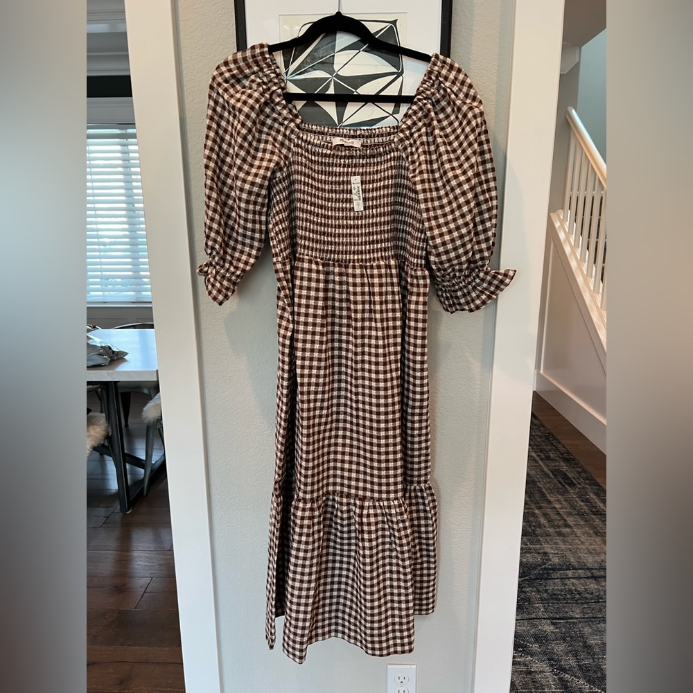 Madewell Lucie Elbow Sleeve Smocked MIDI Dress in Gingham